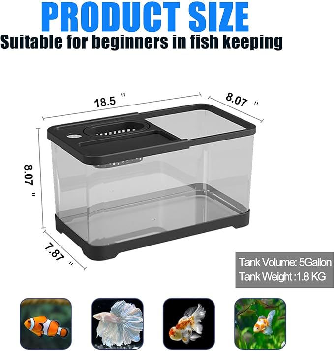 5 Gallon Fish Tank, Aquarium Plastic Starter Kit with Filter, led Light, sponge, and filter ball, Fish Tank for Betta, Plastic Nano Aquarium with Lid(18.5*7.87*8.07 inch / Black) (5 Gallon Fish Tank)