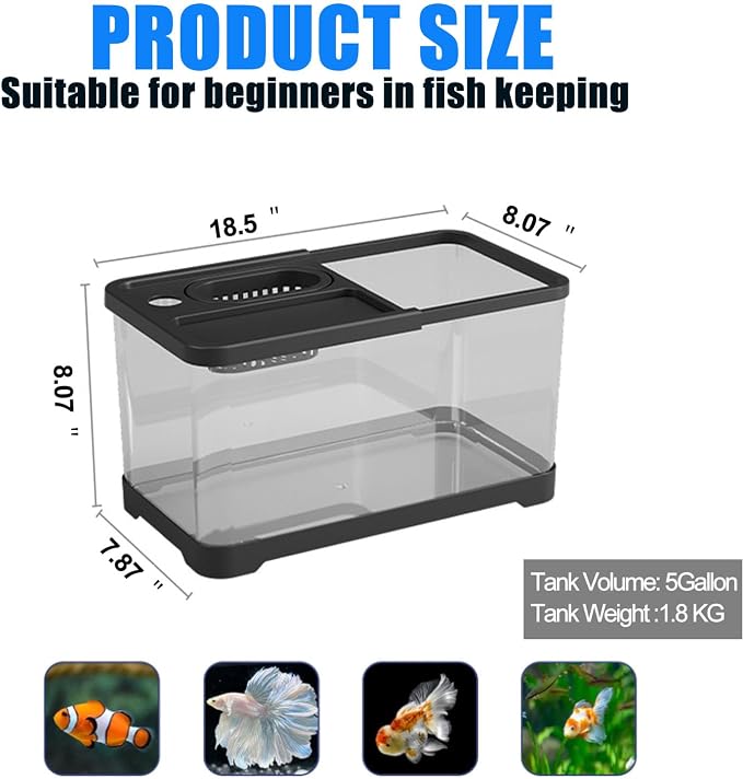 5 Gallon Fish Tank, Aquarium Plastic Starter Kit with Filter, Small Net and LED Light, Fish Tank for Betta, Plastic Nano Aquarium with Lid(18.5 * 7.87 * 8.07 inch/Black) (5 Gallon Fish Tank)