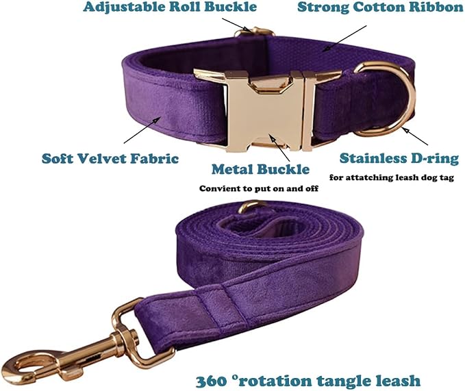 Love Dream Velvet Dog Collar and Leash Set, Soft & Comfy Adjustable Dog Leash and Collar with Heavy Duty Metal Buckle for Small Medium Large Dogs Training & Walking (Large, Dark Purple)