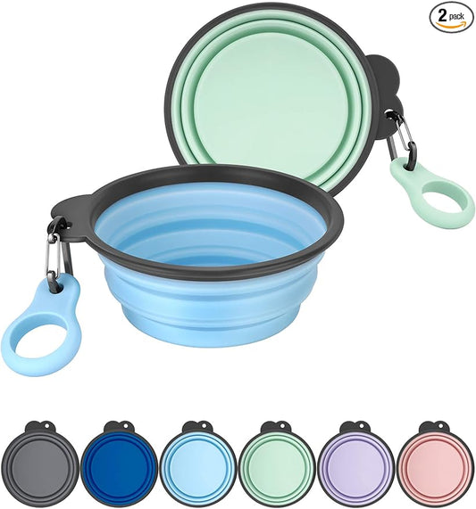 Aonkey Collapsible Dog Bowls with Bottle Carrier, 2 Pack Travel Dog Water Bowl Upgraded Carabiner, One-piece Molded Rim No Fall Off or Crack, Foldable Silicone Portable for Pets Walking Hiking 15oz