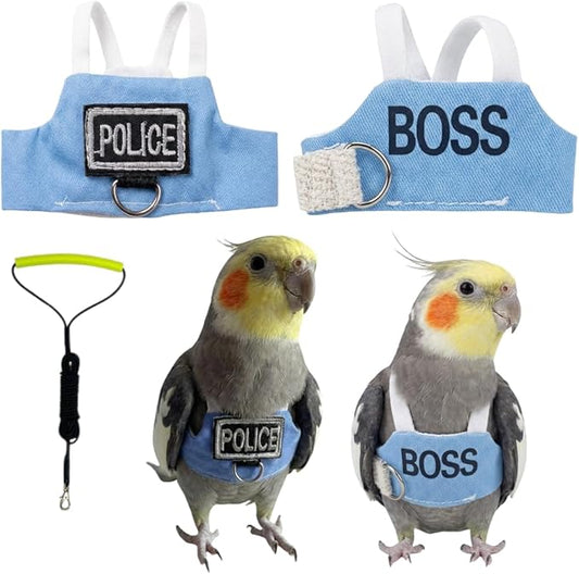 2 Pack Bird Flight Suit Vest, Adjustable Parrot Harness Clothes with Cute Design, Anti-Bite Outdoor Training Outfit for Parakeet, Cockatiel, Conure, Quaker, Budgie (2M,with Leash)