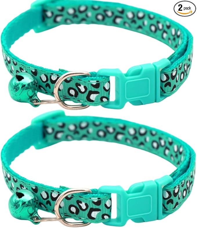 Reflective 2 Pack Breakaway Cat Collars with Bell Leopard Pattern Cute Kitty Adjustable 7.5-12.5 Inch Safe Kitten Collars Charms (Turquoise)