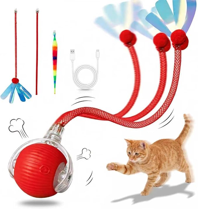 Rechargeable Smart Rolling Cat Ball, Automatic Interactive Cat Toy with 3 Modes, LED Light & 3 Replaceable Accessories, Indoor Cat Exercise Toy for Kittens & Adult Cats, for Boredom Relief Rose red