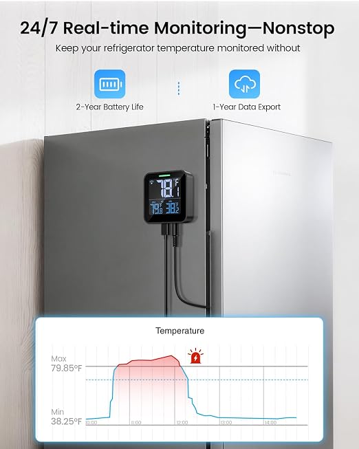 WiFi Refrigerator Thermometer, Freezer Alarm with LCD Display | Digital fridge monitor with app alerts & buzzer & indicator alarm, anti-false for kitchen, fish tank and hot tub, 2.4G Wi-Fi