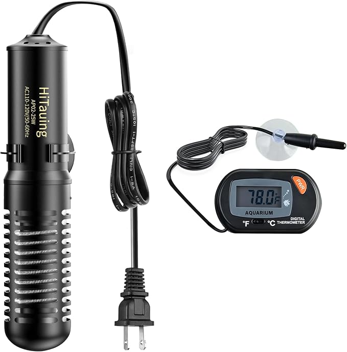 HiTauing Small Aquarium Heater 25W, Constant Temperature 78℉ Fish Tank Heater with Digital Thermometer, Submersible Betta/Turtle Tank Heater for Freshwater and Saltwater Tanks