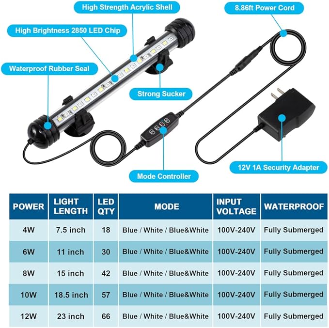 DaToo 8W 15inch Submersible Aquarium Light Underwater Fish Tank Light LED Aquarium Light Bar with Timer Auto On/Off and Dimmer Adjustable Brightness, 1 Yr Warranty