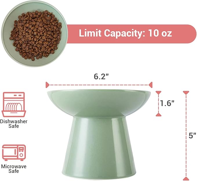 CEEFU Extra Wide Elevated Ceramic Cat Food Bowl - 6.2" Shallow Dish for Whisker Fatigue Relief, 5" Height for Easy Feeding, Lead & Cadmium Free, Durable Raised Cat Food Bowls, Sage Green
