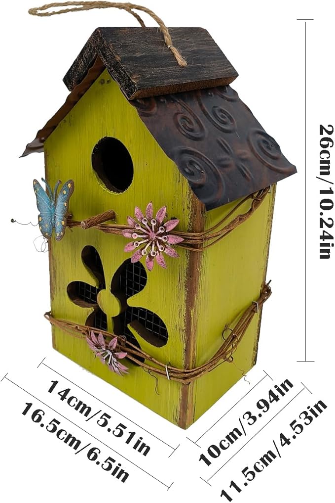 Wood Bird House for Outside, 10" H Hanging Bird House with Waterproof Metal Roof, Vintage Rustic Decorative Birdhouse Wooden Bird Nest Box for Outdoor Garden Yard Decorations (Green)