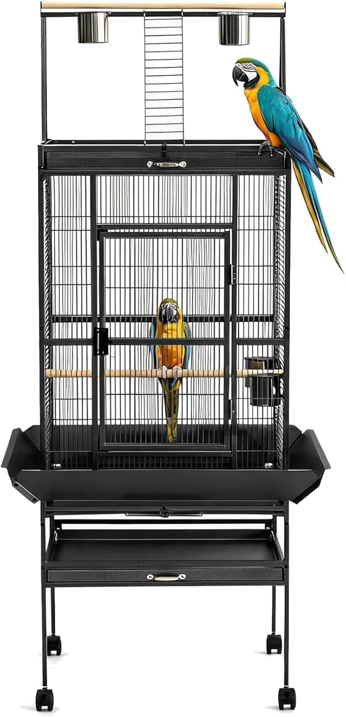 69" H Extra Large Bird Cage with Play Top & Rolling Stand, Wide Metal Parrot Cage for Macaws, Parakeets, Cockatoos, Conures, Lovebirds, Includes Bowls