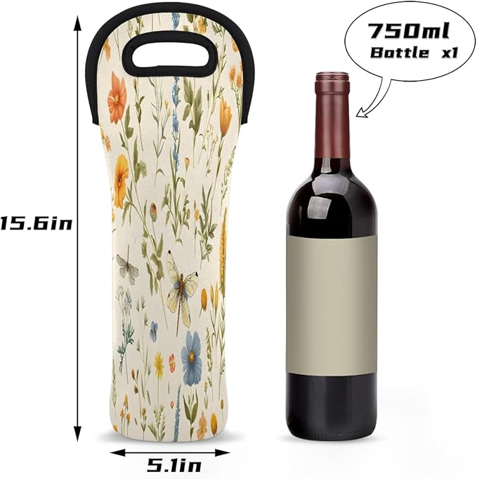 Dragonfly Wildflower Wine Bag Single Bottle Wine Tote Bag Neoprene Wine Carrier Bags with Carry Handle Portable Wine Bottle Holder for Travel Party Picnic