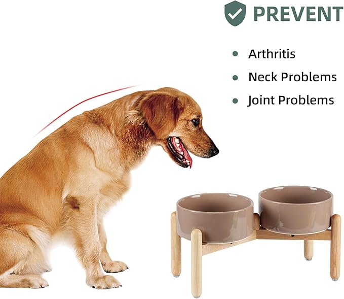 Havniva Ceramic 7.3inch Raised Double Bowls Set with Wooden Stand, Food & Water Bowls for Medium Breed Dogs, Weighted Dog Dishes, Pet Feeder(Brown Coffee)