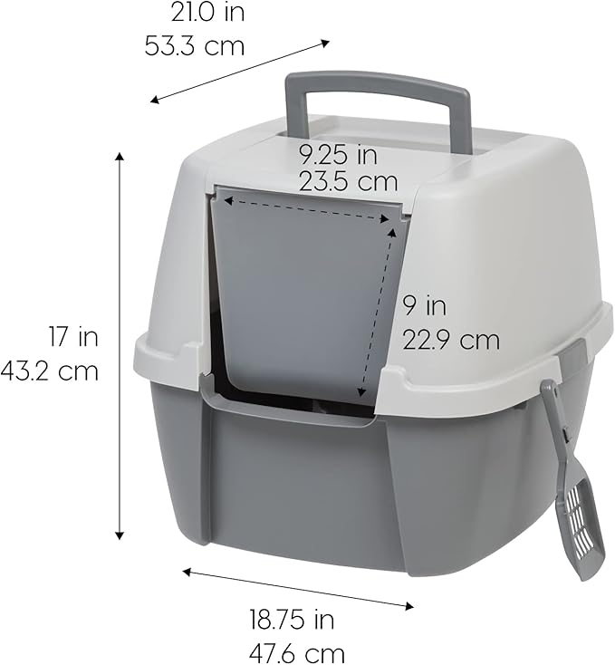 IRIS USA Cat Litter Box Large with Front Door Flap, Covered Enclosed Litter Box Enclosure with Scoop, Handle & Buckles for Portability & Privacy, Hidden Litter Pan, Gray