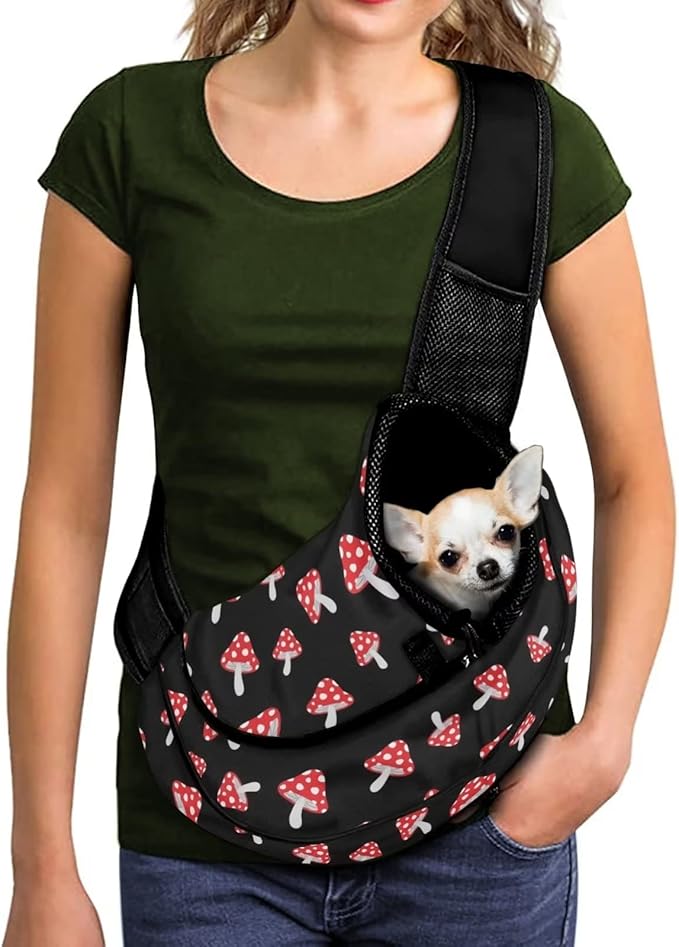 FUSURIRE Mushroom Print Pet Carrier Sling with Adjustable Strap and Zipper Open, Cute Small Dogs Cats Travel Carrier Bag for Women Men Black White Hand Free Pet Front Sling Pack