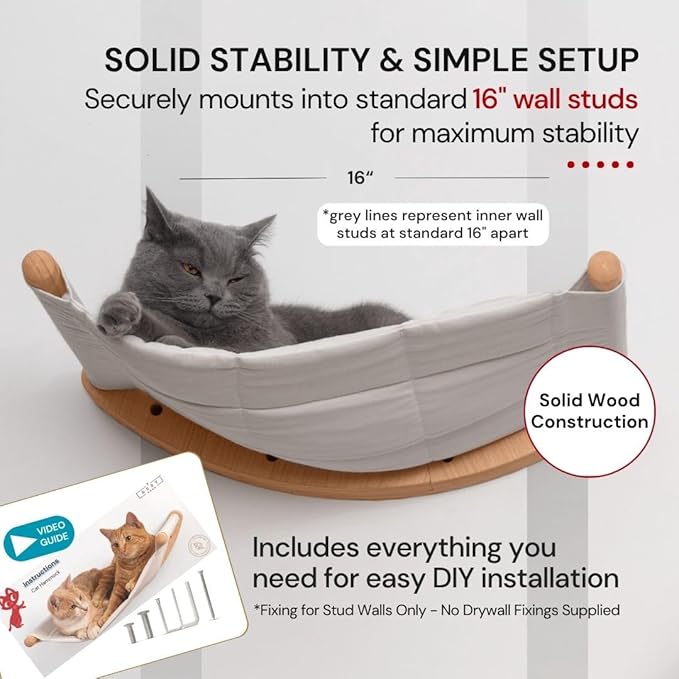7 Ruby Road Cat Hammock Wall Mounted for Large Cats, Wood Perch Bed for Indoor Cats, Modern Cat Window Furniture & Shelves
