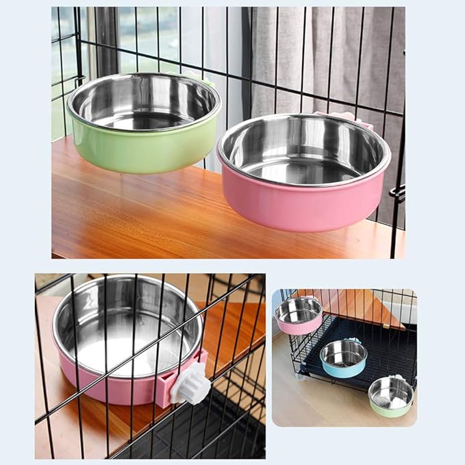 Crate Dog Bowl,Removable Stainless Steel Water Food Feeder Bowls Crate Coop Cup,Pet Cage Bowls with Bolt Holder for Cat, Puppy, Birds, Rats, Rabbits Small Animals ((Green+Pink) Round, Large)