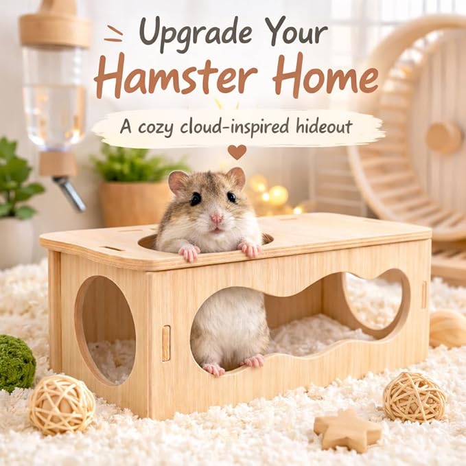 Medium Wooden Hamster Inspired Tunnel with Side & Top Windows Tunnel Toy Dreamy Cloud-Inspired Hideout with Smooth Streamlined Design – Natural Hideout Tube for Dwarf and Syrian Hamsters, Gerbils