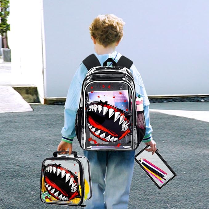 16" Shark Clear Backpack for Boys - 3Pcs School Stadium Approved Transparent Set, Campus See Through Bookbag with Lunch Box (Black)