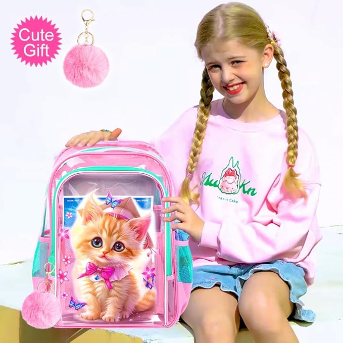AGSDON 3PCS Clear Backpack for Girls,16" Transparent Bookbag Heavy Duty, Cute See Through Backpacks with Lunch Bag - Pink Cat