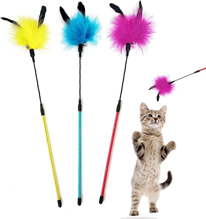 IUHKBH Cat Feather Wands, 3 Colors Soft Turkey Feather Teaser Wands Interactive Unbreakable Kitten Wands Fun Kitty Toy for Indoor Cats Play Exercise