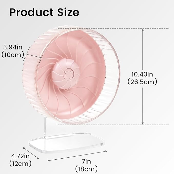 Silent Hamster Wheel, 10in Hamster Wheel with Adjustable Stand, Double-Bearing Quiet Spinner for Syrian Hamsters, Hedgehogs, Mice & Small Pets, Pink