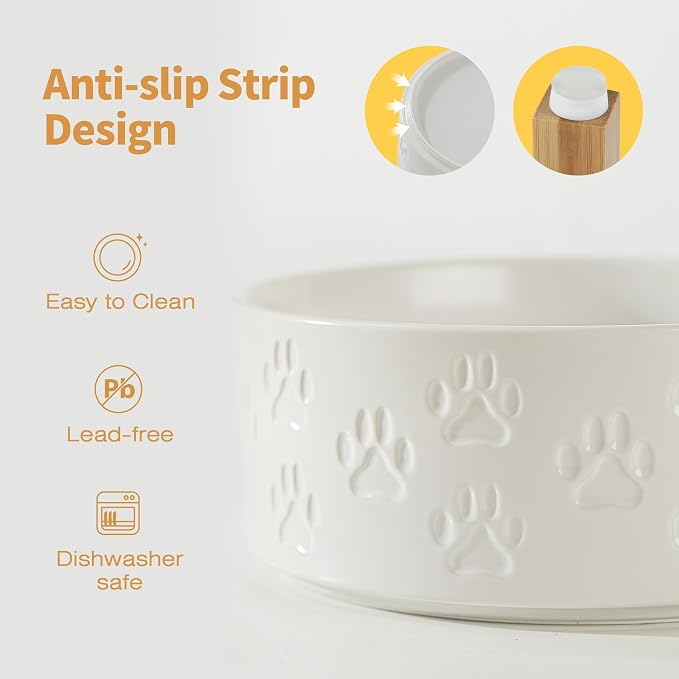 Elevated Ceramic Dog Bowls, 8.3" Dog Dishes with Stand, Elevated Food & Water Bowls for Large Breed Dogs, 2 Non-Slip Feeding Bowls, Microwave Safe (Double Bowls + Stand - White, 8 inch)