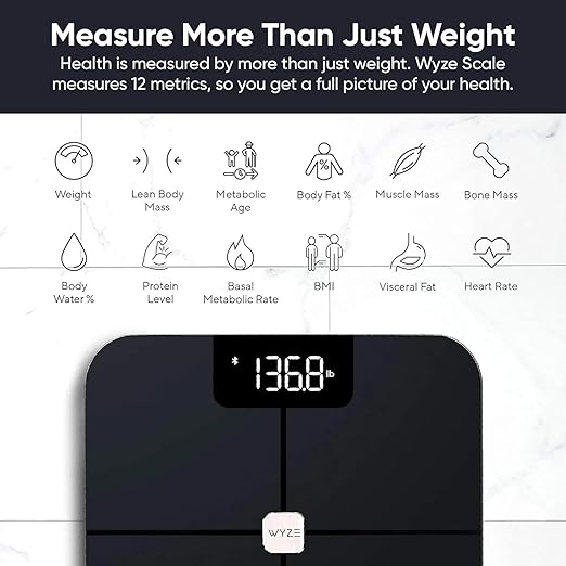 Wyze Scale, Smart Scale for Body Weight, Digital Bathroom Scale for Body Fat, BMI, and Heart Rate, Body Composition Analyzer with App, Batteries Included, Bluetooth, 400 lb (Black)