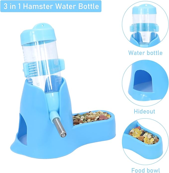 3 in 1 Hamster Hanging Water Bottle Pet Auto Dispenser with Base for Dwarf Hamster Mouse Rat Hedgehog (80ML, Blue)