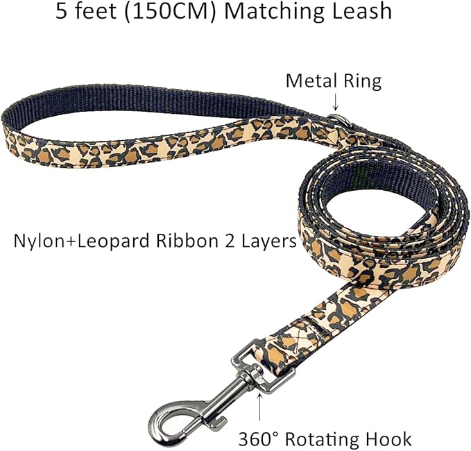 Dog Collar Leash Set, Leopard Pattern, Nylon Webbing Plus Cotton Ribbon, 5ft Matching Leash, for Large Dogs.(L, Brown Leopard)