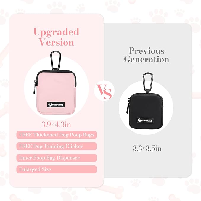 Dog Treat Pouch with Training Clicker,Waterproof Nylon Fabric Poop Bag Holders for Leashes,Hands Free Small Dog Walking Bag with Carabiner, Pet Puppy Training Walking Essentials (Pink)