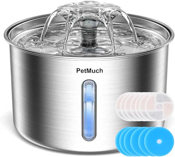 Cat Water Fountain Stainless Steel, 102oz/3L Automatic Pet Water Fountain with 6 Replacement Filters & 6 Pre-Filter Sponges for Cats, Dogs (Cat Fountain + 6 Filters + 6 Sponges)