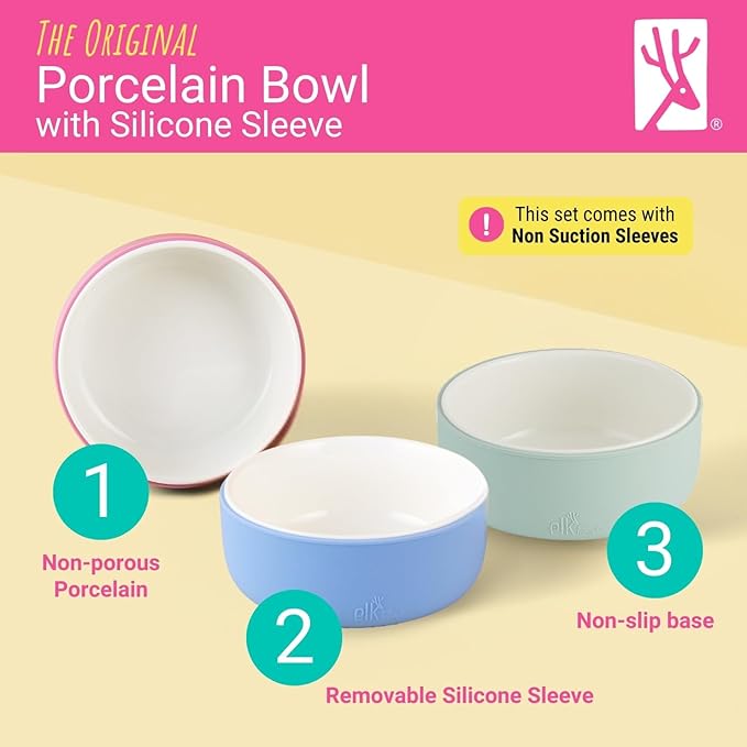 Elk and Friends Kids Porcelain Bowls with Silicone Sleeves | Suitable for Babies/Toddlers | Microwave & Dishwasher Safe | Non Slip Dinnerware | Snack Dishes | 2 Pack