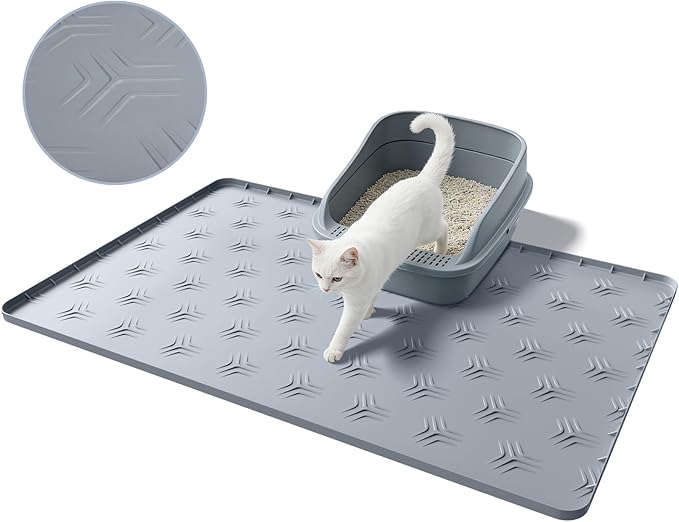 JUJOMAT Cat Litter Box Mat, 34"×22" Large Silicone Cat Litter Trapping Mat Non-Slip Gray Kitty Litter Mat for Indoor Cats, Waterproof Pet Food Mats Easy to Clean & Soft on Kitty Paws