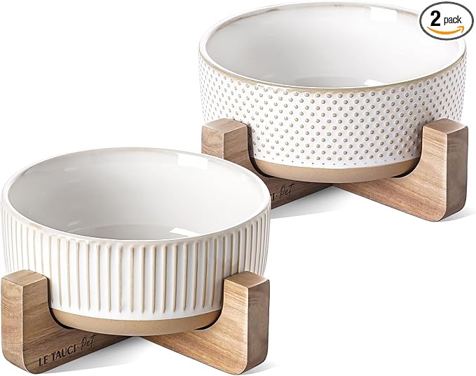 LE TAUCI PET Ceramic Dog Bowls for Medium Small Dogs - 4 Cup Medium Dog Food and Water Bowls with Wood Stand, Cute Pet Dishes Set of 2, Lines+Dot