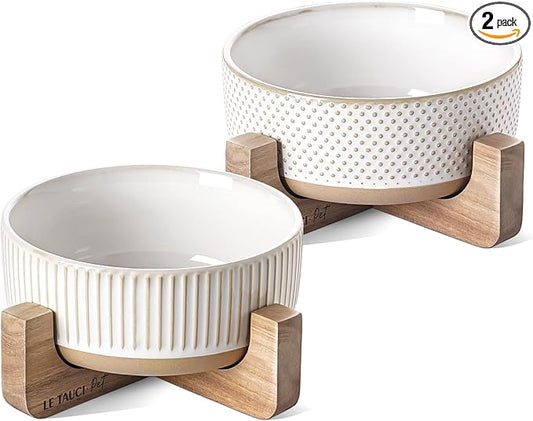 LE TAUCI PET Ceramic Dog Bowls for Medium Small Dogs - 4 Cup Medium Dog Food and Water Bowls with Wood Stand, Cute Pet Dishes Set of 2, Lines+Dot