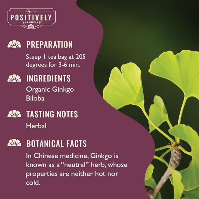 Organic Positively Botanicals Company, Ginkgo Biloba Herbal Tea Bags, 20 Count