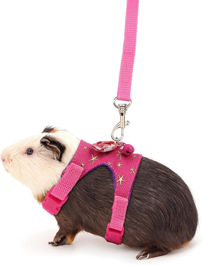 Hypeety Small Animal Harness Vest and Leash Set Soft Mesh Small Pet Harness Hamster Rabbit Chest Back Outdoor Leash Traction Rope for Rabbit Ferret Guinea Pig Kitten Clothes Accessory (S, Pink Star)