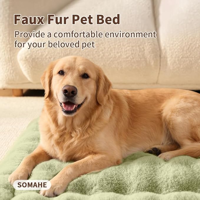 SOMAHE Large Dog Bed Mat, Extra Large Plush Faux Fur Washable Pet Bed for Large Dogs, Non-Slip Fluffy Dog Mat – Machine Washable XL Dog Sleeping Pad for Large Breeds, 35 x 27 Inch Green