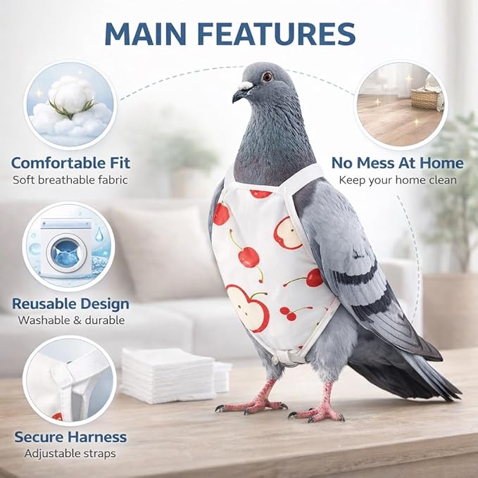 2PCS Pigeon Diaper Harness Kit with Disposable Pads and Flight Training Leash, Reusable Pigeon Pants Harness for Indoor Use, Adjustable Bird Harness for Pigeon Training (XL)
