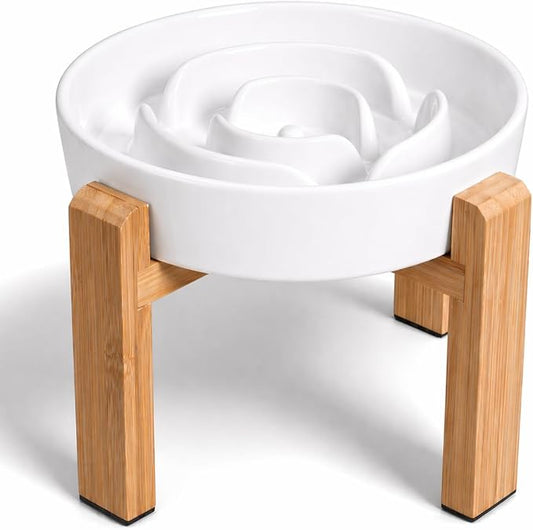 Elevated Slow Feeder Dog Bowl Large Breed, 8.8 Inch Ceramic Slow Eating Bowl with Screw-Assembled Bamboo Stand, Anti-Choking Raised Maze Design for Medium to Large Dogs, 3.2 Cup, White