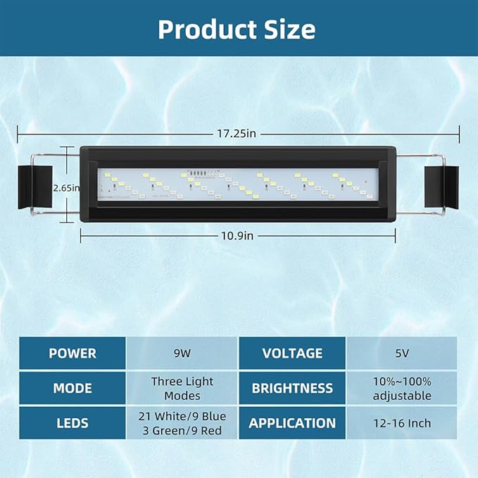 DaToo LED Aquarium Light Full Spectrum Fish Tank Light with Dimmer White Blue Red Green LEDs Fish Tank Light with Three Lighting Modes and Extendable Bracket for 12 Inch to 16 Inch Aquarium