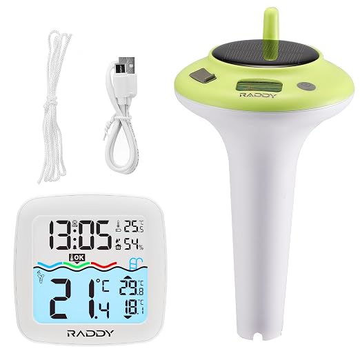 Raddy PT-5 Solar Floating Pool Thermometer, Waterproof TN Display | Solar & battery powered, digital display, for swimming pools, hot tubs, ponds, spas