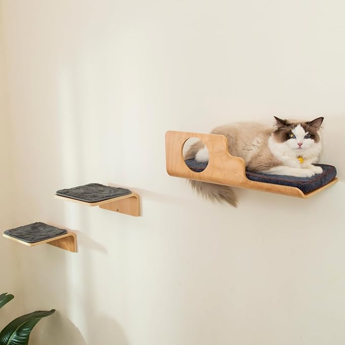 LIORCE Cat Wall Shelves with 2 Steps, Creative Design Cat Shelf with Peephole, 19 x 10 inch Cats Wall Furniture with Comfortable Pad, Cats Perch for Sleeping, Playing, and Scratching.