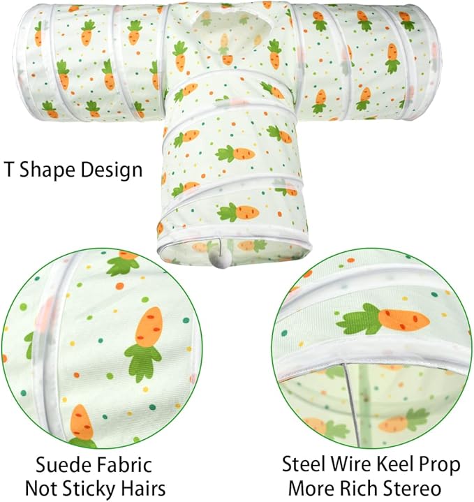 Bunny Rabbit Tunnels Rabbit Cat 3 Way Collapsible Tunnel with Cute Carrot Patterns Small Pet Hideout Activity Tunnel Tube Toy for Bunny Kitten Cat Dwarf Guinea Pig T Shape