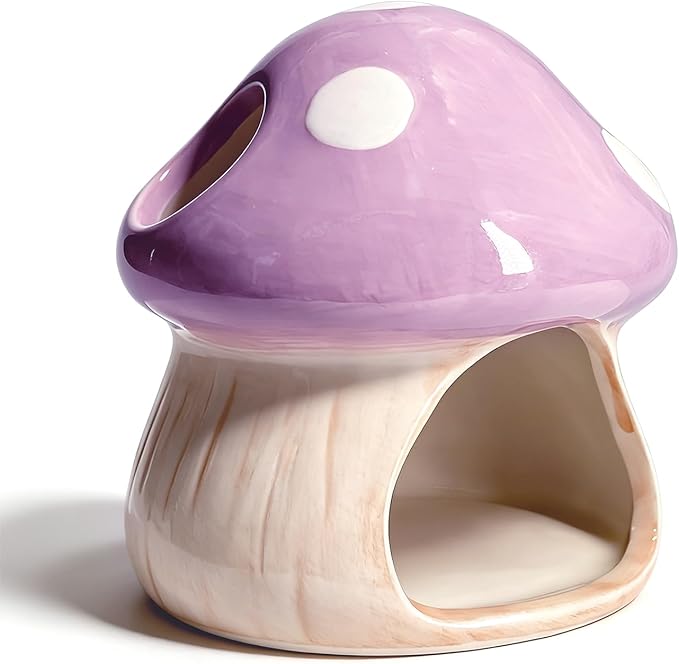 Betta Fish Tank Accessories, 4.33" Ceramic Mushroom Aquarium Decor, Purple | Hideout Cave Ornament for Small Fish, Shrimp, Hamsters & Reptiles – Aquarium Decor with Natural Look, Functional Shelter