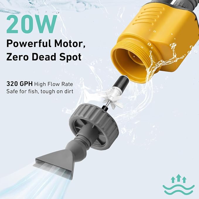 Aquarium Vacuum Gravel Cleaner, 8 in 1 Removable 20W Fish Tank Cleaner | Gravel Vacuum for Aquarium, Strong Suction for Change Water Wash Sand Clean Algae Water Circulation and Adjustable Length
