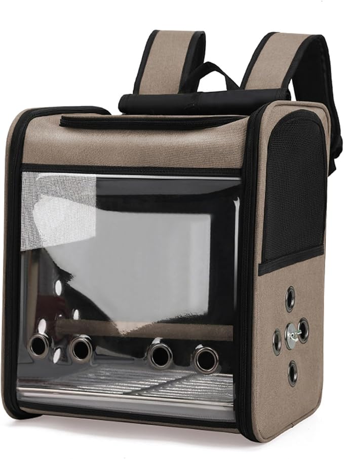 Bird Stroller Bird Backpack Carrier with Perch 14 * 11 * 16in Panoramic View with 3 Side Vents Removable Tray for Conures Parakeet Budgie (Coffee)
