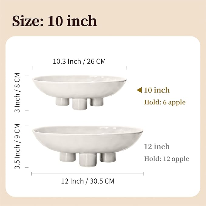 Three-Leg Ceramic Fruit Bowl, 10 Inch Oval Serving Dish for Kitchen Counter, Candy or Key Holder, Home Decor Accent White