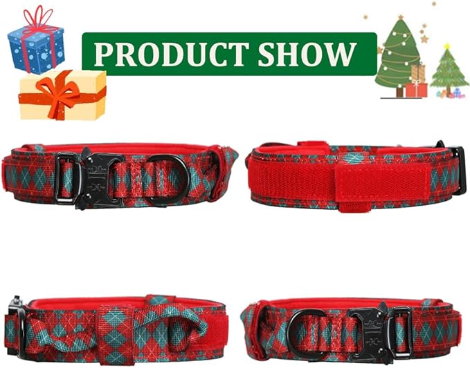 Christmas Tactical Dog Collar and Leash Set Adjustable Nylon Collar Dog Training Collar Leash Set with Control Handleand （Christmas Green XXL