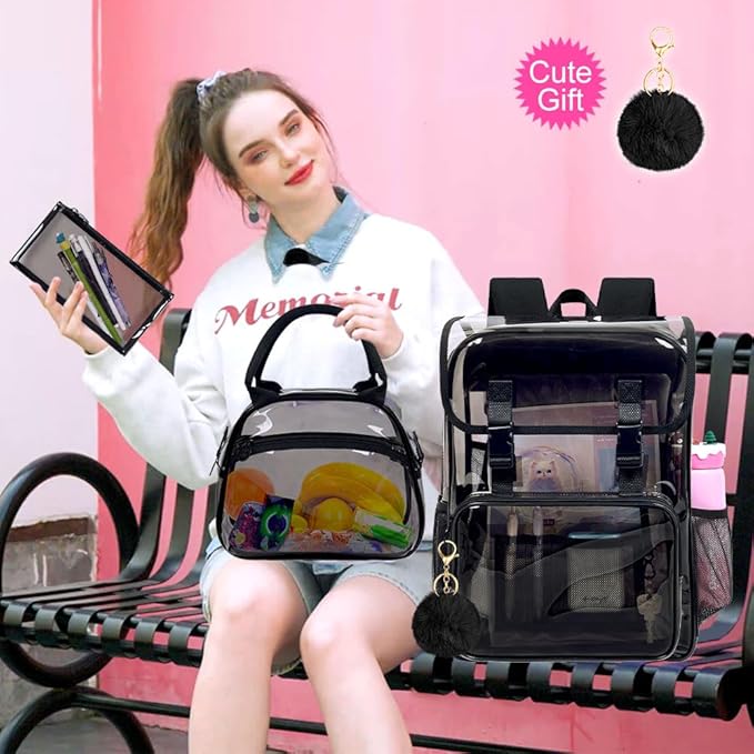 17" Flip Top Clear Backpack, Stadium Approved 3Pcs Set, Heavy Duty Transparent Bookbag for Gym/Concert (Dark Black)