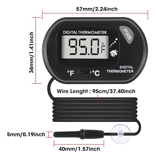 Digital Aquarium Thermometer with LCD Display - Water-Resistant Sensor Probe and Suction Cup for Fish and Reptile Tanks (Fahrenheit/Celsius)